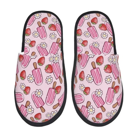 Balery Strawberry Popsicle Slient Indoor Furry Fleece Comfort House Shoes Soft Non-Slip Home Shoes Cotton slippers House Slippers-- Large