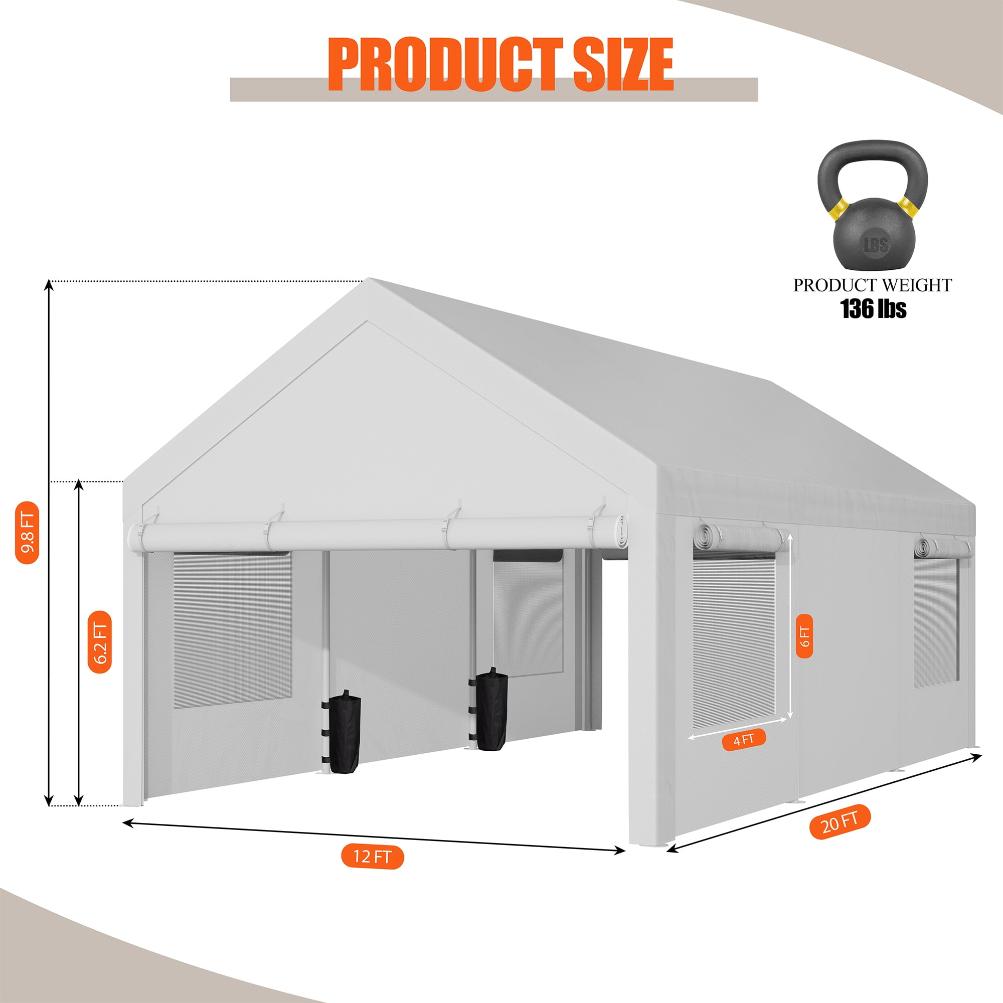 Walsunny 12x20 ft Carport with 4 Sandbags Heavy Duty Canopy with Roll-up Windows Portable Garage with Removable Sidewalls & Doors Car Canopy White