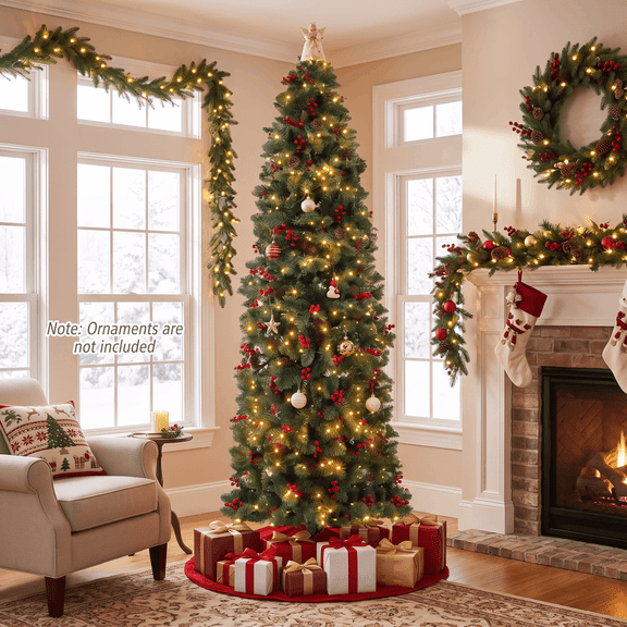 7ft Pre-Lit Spruce Pencil Christmas Tree with 450 Lights, 920 Full Branch Tips, Slim Artificial Xmas Tree Pine Cone & Red Berries, Includes Metal Base, Ideal Xmas Decor for Home and Office, Green
