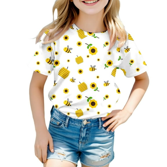 MIXUE Toddler Girls Tops & T-Shirts Summer Cartoon Bee Festival Floral Print Crew Neck Short Sleeve Loose Casual Tshirts Holiday Wear,White,3-4 Years