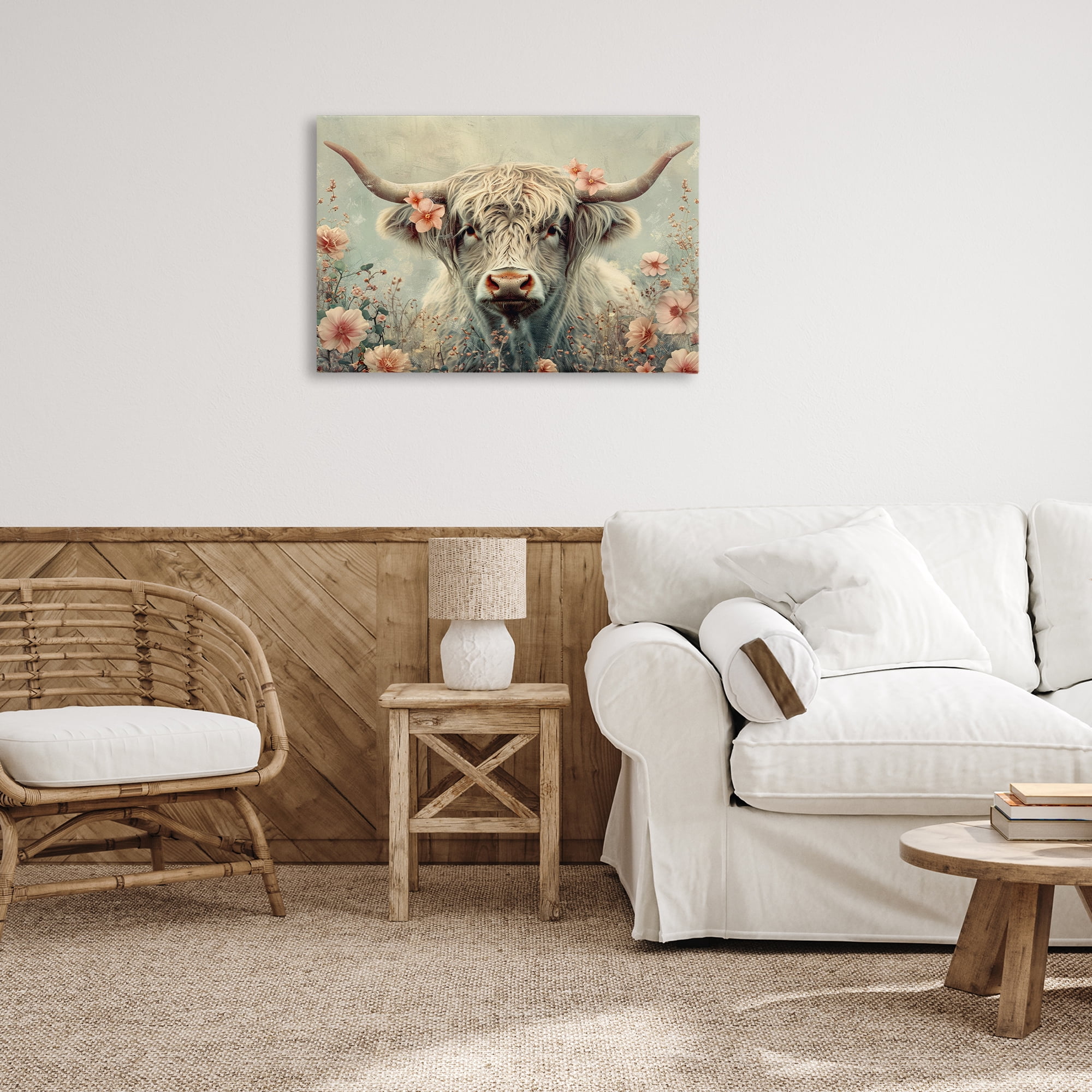Stupell Industries Cow with Cherry Blossoms Animals Painting Wrapped Canvas Art Print Wall Art, 30 x 20