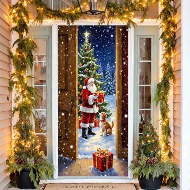 Housse de Porte de Noël, Décoration en Tissu Polyester avec Design Père Noël, Rideau de Porte Festif pour Usage Intérieur et Extérieur, 90 x 180 cm, Multicolore