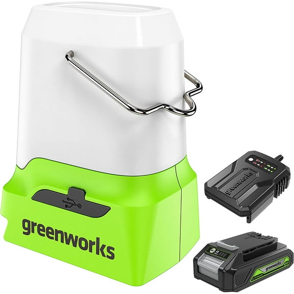 Greenworks 24V Lantern Cordless 500lm Camping Light Kit with USB-A and USB-C Port, 2Ah Battery and Charger