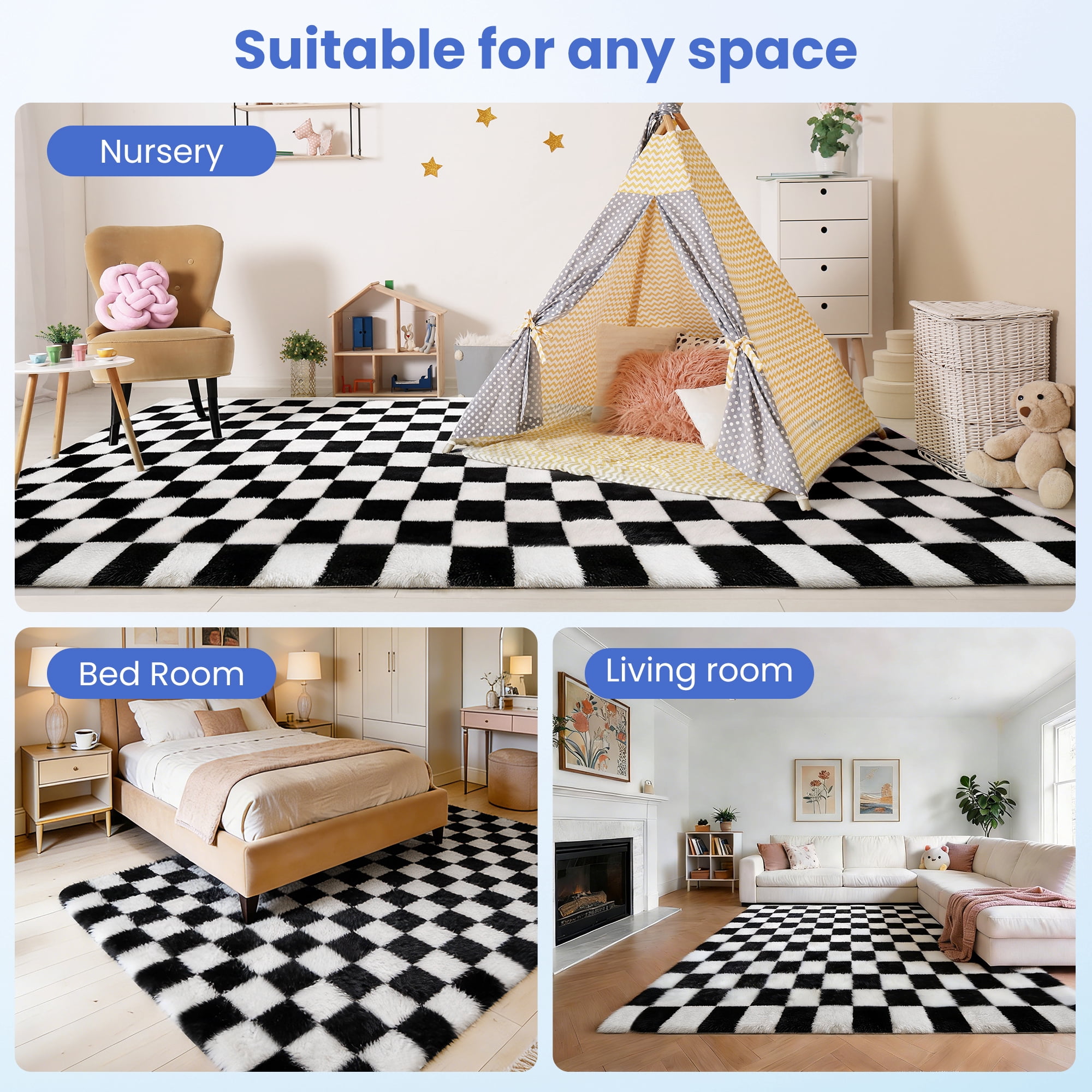 CozyDesg Shag Area Rugs,5'x8' Soft Fluffy Floor Rugs Checkered Carpet，Washable Area Rugs for Living Room Bedroom Decor,Black & White
