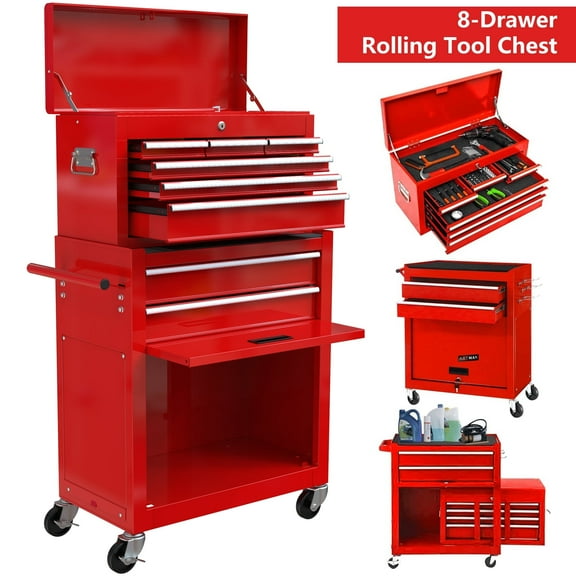 Rolling Tool Chest, 8 Drawer High Capacity Rooling Tool Box Organizer with Large Storage Cabinet, for  Garage Workshop, Red