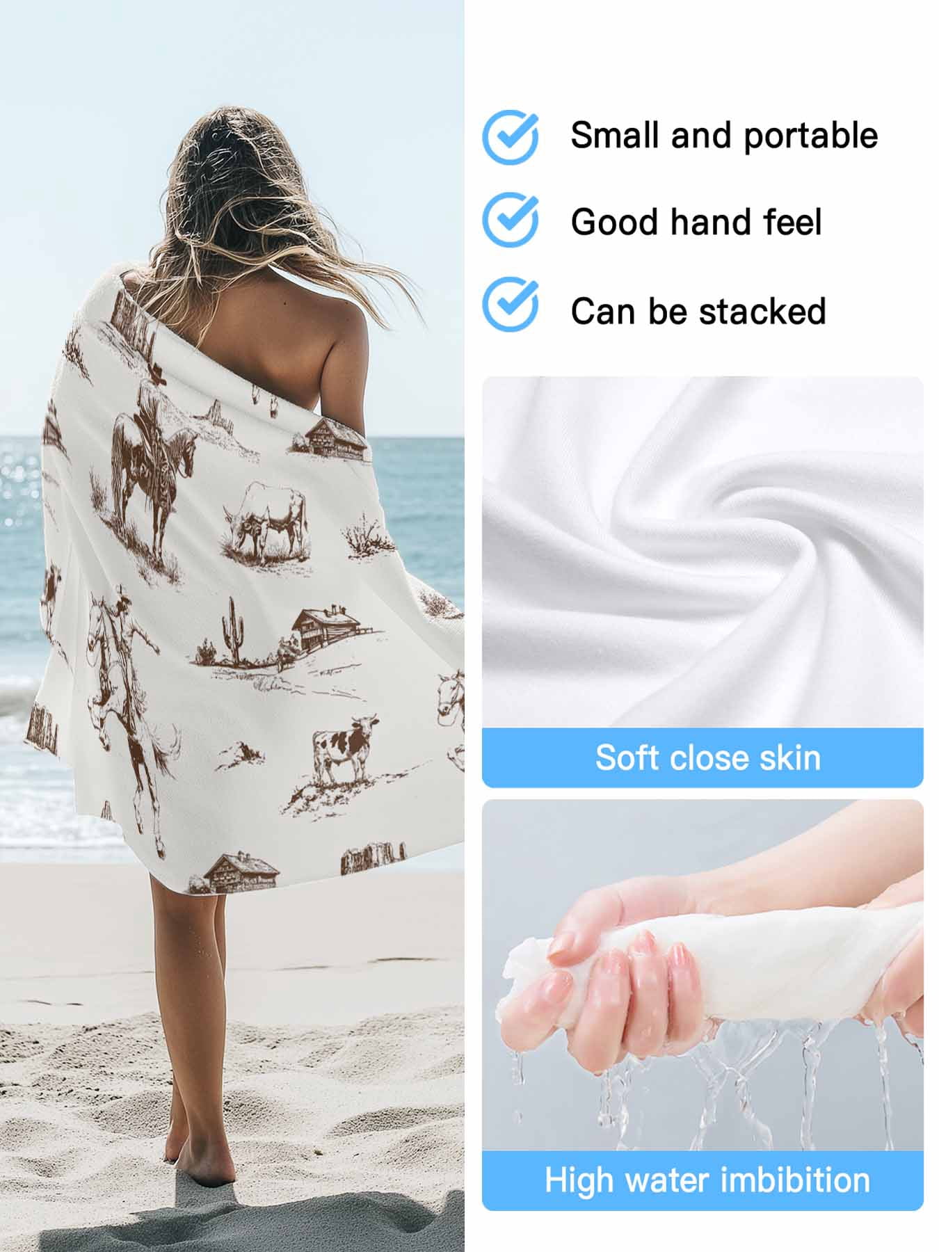 Western Farmhouse Beach Towels Blanket Soft & Absorbent Quick Dry Microfiber Cowboy Horse Desert Pool Towels for Swimming ,Yoga, Sports, Gym, Camping,Large 30X60in, Brown White