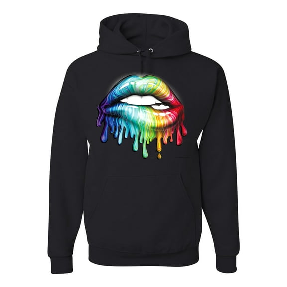 Wild Bobby, Colorful Neon Rainbow Biting Lips Pop Culture Unisex Graphic Hoodie Sweatshirt, Black, Small