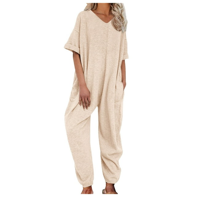 TrendOFT Combinaison Décontractée d'Été pour Femmes, Col en V, Manches Mi-Longues, Ample, Beige TG