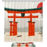 OWNNI Vintage Japan Torii Bamboo Sunset Pattern Pongee Shower Curtain Set with Polyester Floor Mat - Elegant and Waterproof Decor for Bathroom