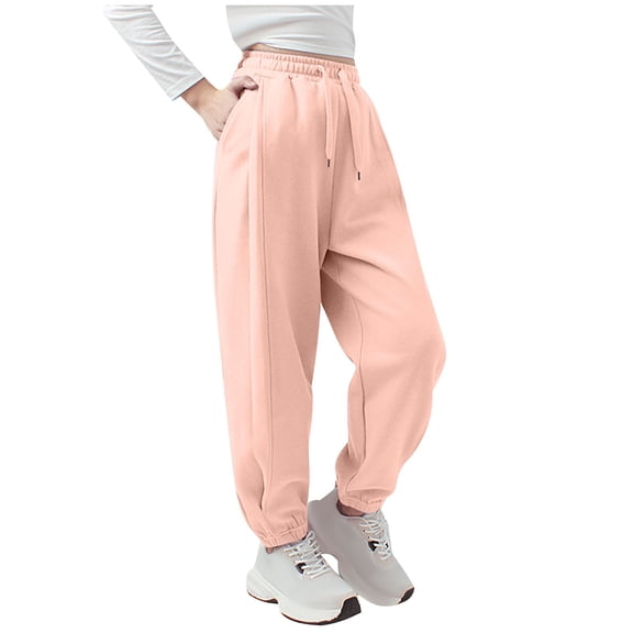 Eltusu Girls Sweatpants, Solid Color Spring Fall Elastic Waist Cotton Athletic Joggers Pink Size 6-15 T