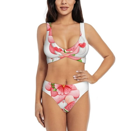 Zeuib Watercolor Tropical Gnomes High Waisted Tummy Control Bikini Set - Knot Front Push Up Top & Cheeky Thong Bottom  Two-Piece Swimsuit for Women-Large