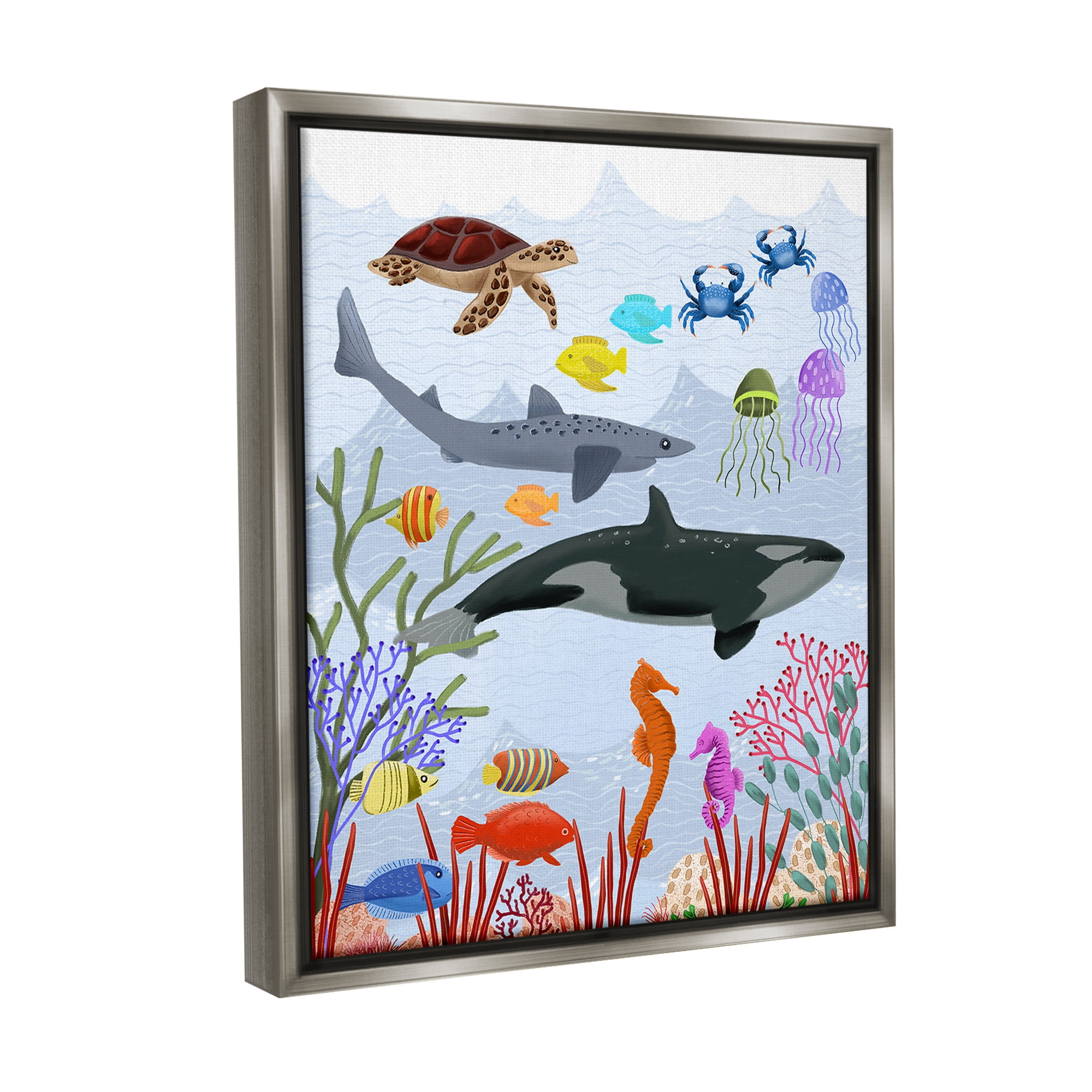 Stupell Industries Aquatic Animals Underwater Animals & Insects Painting Gray Floater Framed Canvas Art Print Wall Art, 25 x 31