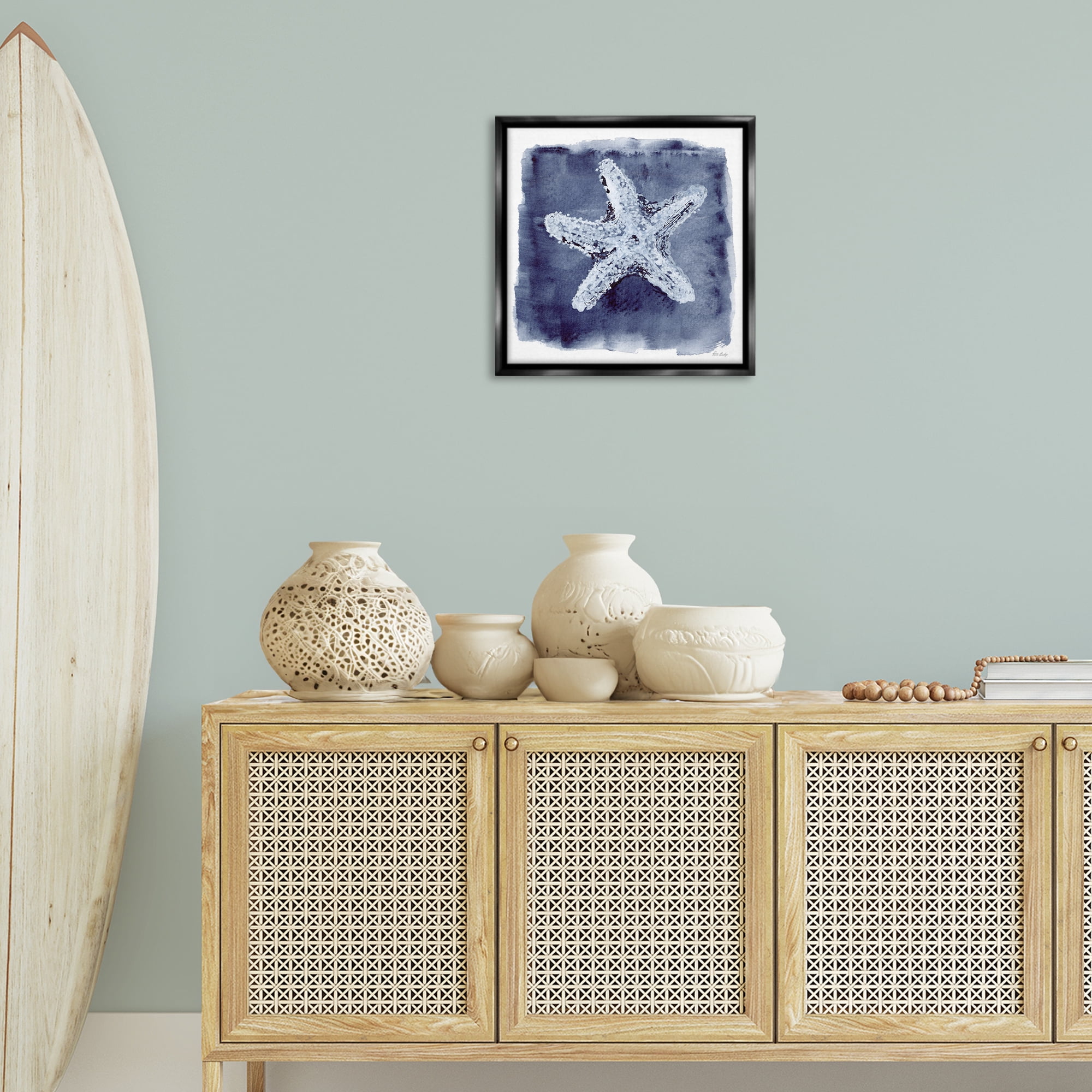 Stupell Industries Starfish Blue Impression Animals Painting Black Floater Framed Canvas Art Print Wall Art, 18 x 18