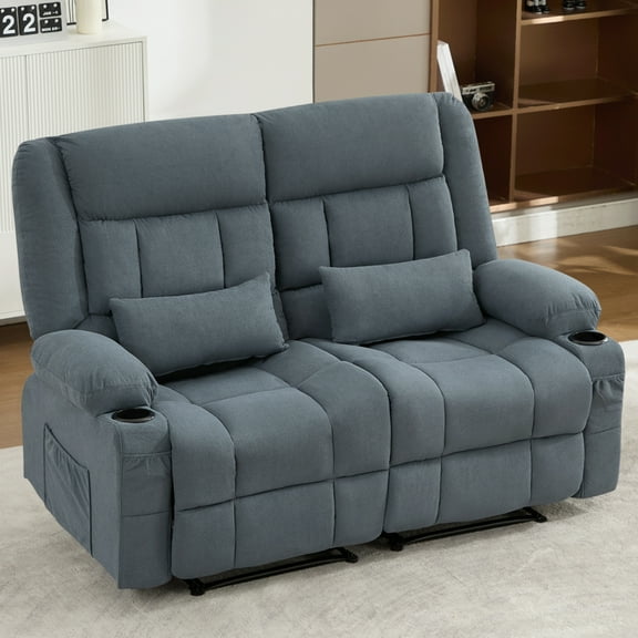 Recliner Loveseat with Cup Holders, 2-Seater Manual Reclining Sofa with Side Pocket, Wall-Hugger Cloud Couches for Living Room, Blue