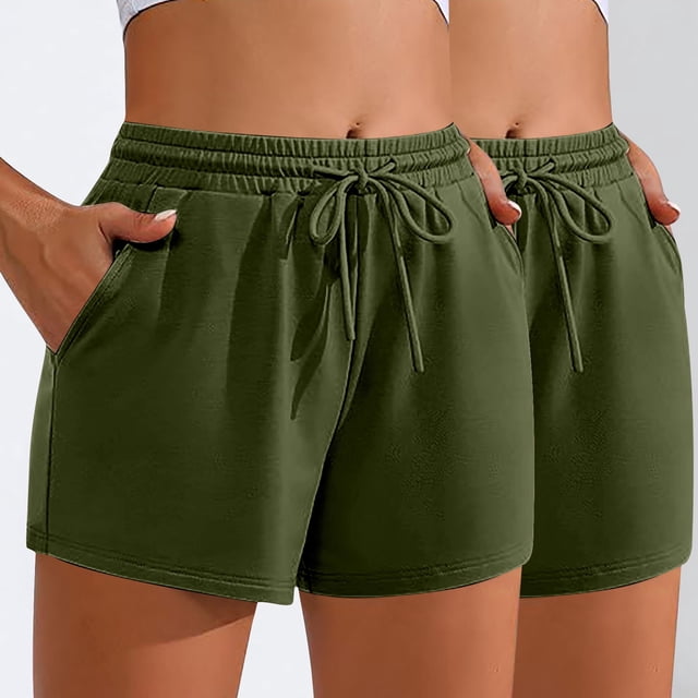 Gspmoly Short pour Femme, 2 Pcs Short de Sport Décontracté Uni à Cordon avec Poche Short de Randonnée pour Femme Cadeaux de Vacances Vert Armée TG