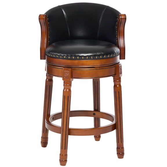 Aulife Bar Stools Genuine Leather Counter Height barstool Wooden Swivel kitchen Stool with Footrest for Kitchen Dining Room Black