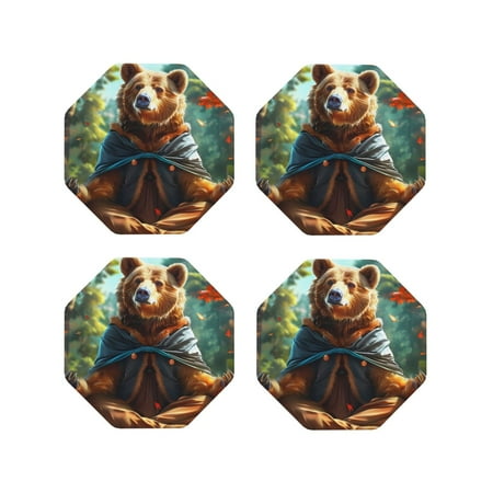 

Matuu Maple Meditating Bear for Cup Coasters Set of 4 Leather Coasters Desk Coasters for Office Measures 4” x 4”-Octagon