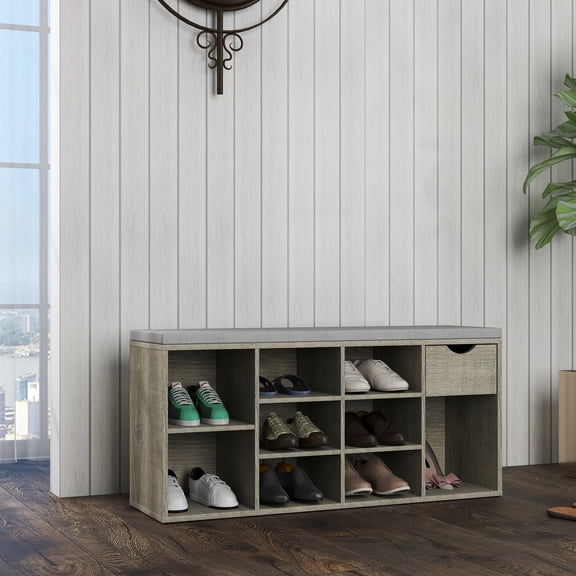 Dtwnek Padded Cushion Storage Bench with Drawer and Open Shelf, Shoe Rack Bench for Entryway, Living Room