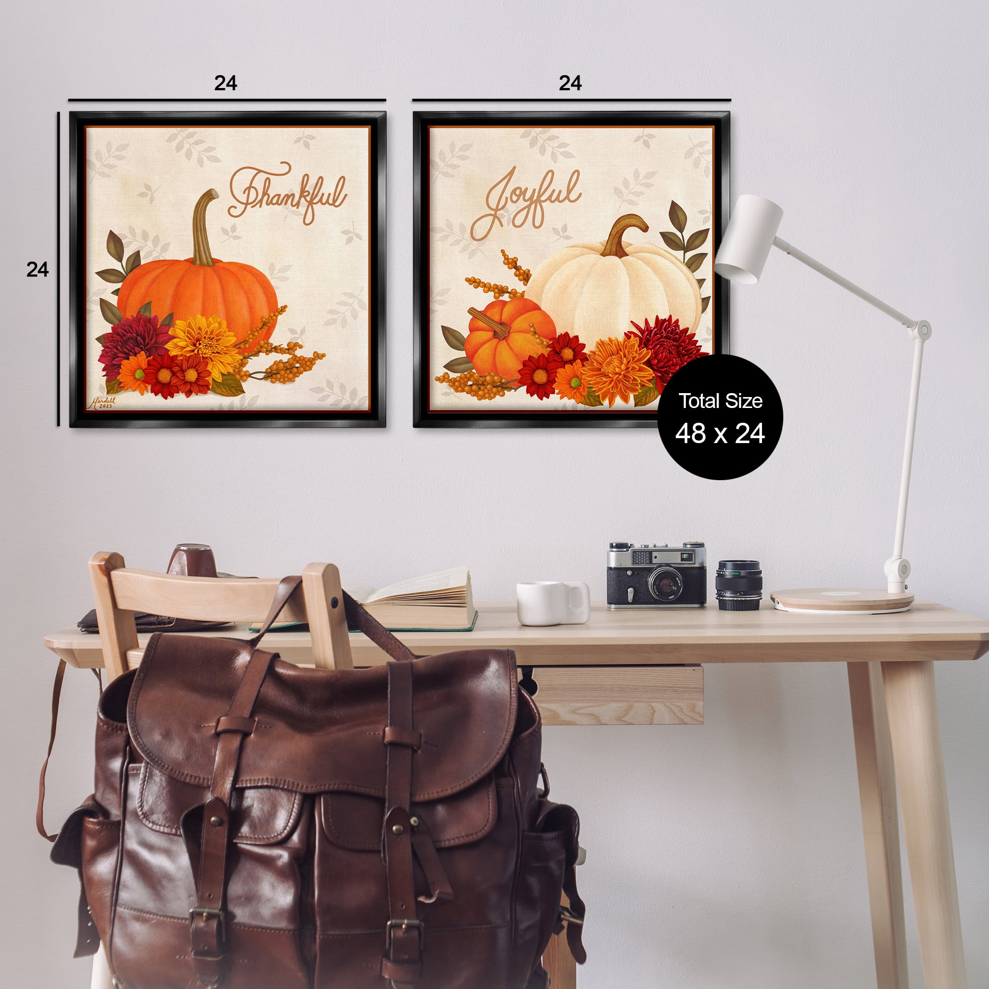 Stupell Industries Joyful Thankful Sentiment Pumpkin Holiday Painting Black Floater Framed Canvas Art Prints Wall Art, 25 x 25, Set of 2