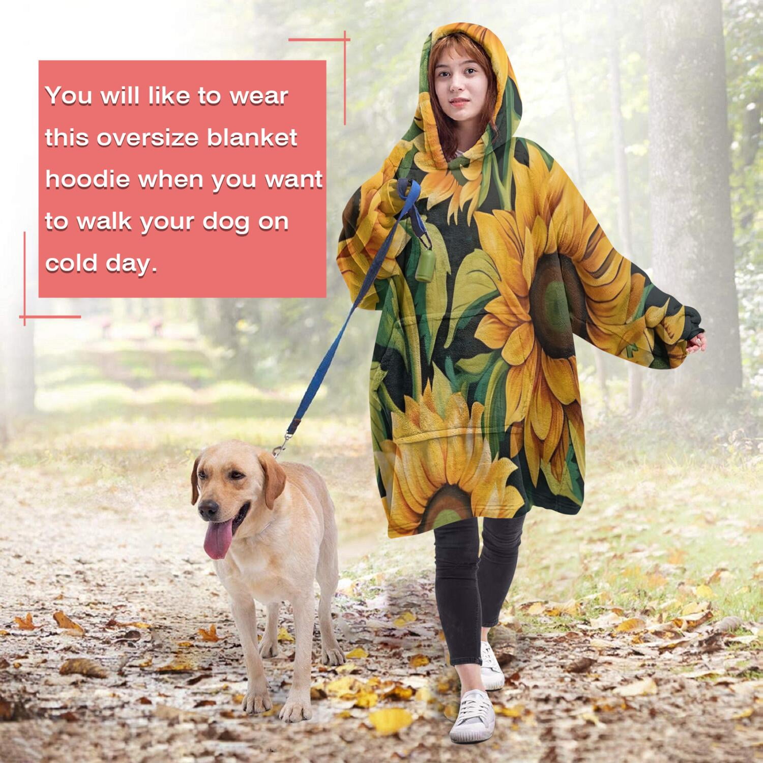Dark Green Sunflower Pattern Wearable Oversized Blanket,Wearable Blanket Hoodie for Adults,Cozy Hooded Blankets with Super Pockets,Super Warm Fuzzy Pullover for Women & Men