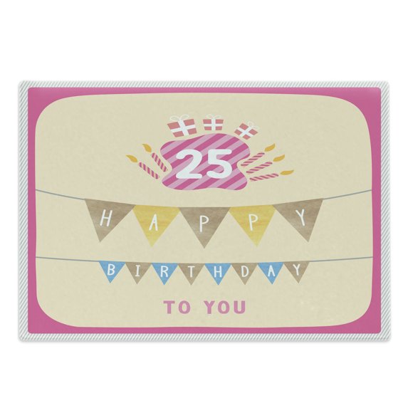 25th Birthday Cutting Board, Pink Framework Flags Letters Burning Candlesticks Gifts Colorful Print, Decorative Tempered Glass Cutting and Serving Board, Large Size, Multicolor, by Ambesonne