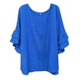 thumbnail image 2 of Women's Lace Sleeve Round Neck Loose Fit Top Shirt Blouse Solid Color Hollow Out Casual Daily Wear Vacation Outfits Fashion Essential Gift for Women | Sopatenor,Blue XL, 2 of 4