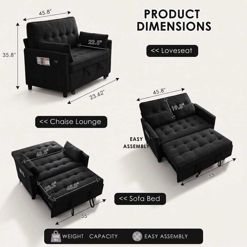 Anpport 54" 3‑in‑1 Convertible Sofa Bed, Towel Fabric, 3‑Position Adjustable Backrest with USB Charging Ports, for Living Room, Apartment, Black