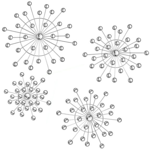 4 Pcs Iron Snowflake Wall Decor, Crystal Embellished Metal Wall Art, Modern Radiating Design, Silver Pearl Coated Hanging Decor for Living Room, Bedroom, and Entryway