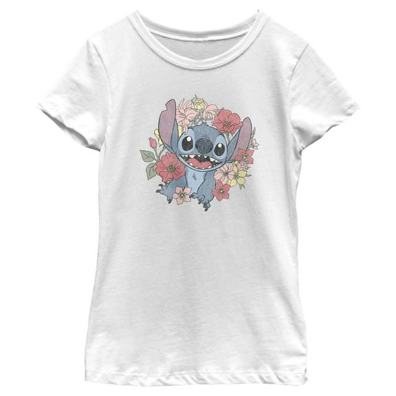 Girl's Lilo & Stitch Floral Distressed Stitch  Graphic Tee White Large