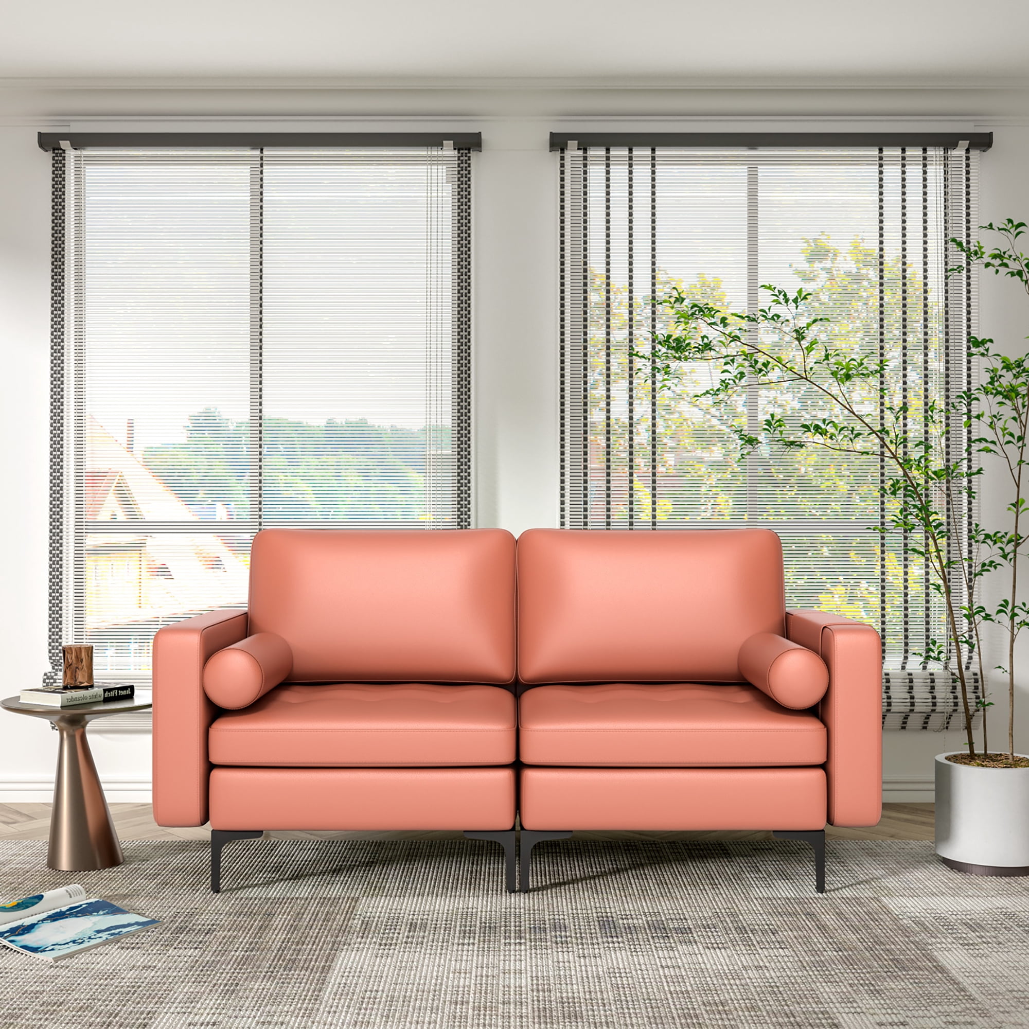 Costway Modern Loveseat 2-Seat Sofa Couch w/ 2 Bolsters Side Storage Pocket Coral Pink