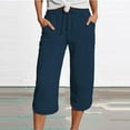 thumbnail image 2 of felwors Yoga Capris with Pockets for Women Wide Leg Cotton Linen Pants Casual Loose Comfy Trendy Elastic Waist Cropped Trouser (Navy, XXL), 2 of 5