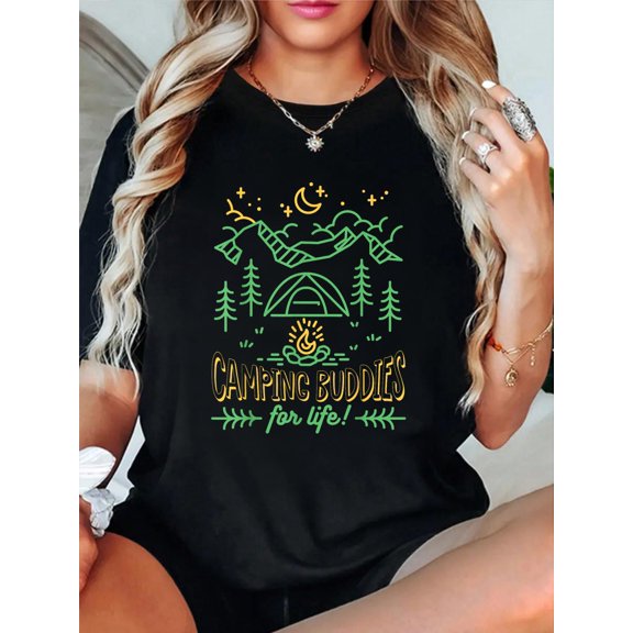 Camping Buddies for Life Adventure Outdoor Lovers T-Shirt Graphic Tee summer Tops For Women Round Neck Fashion Cotton shirts