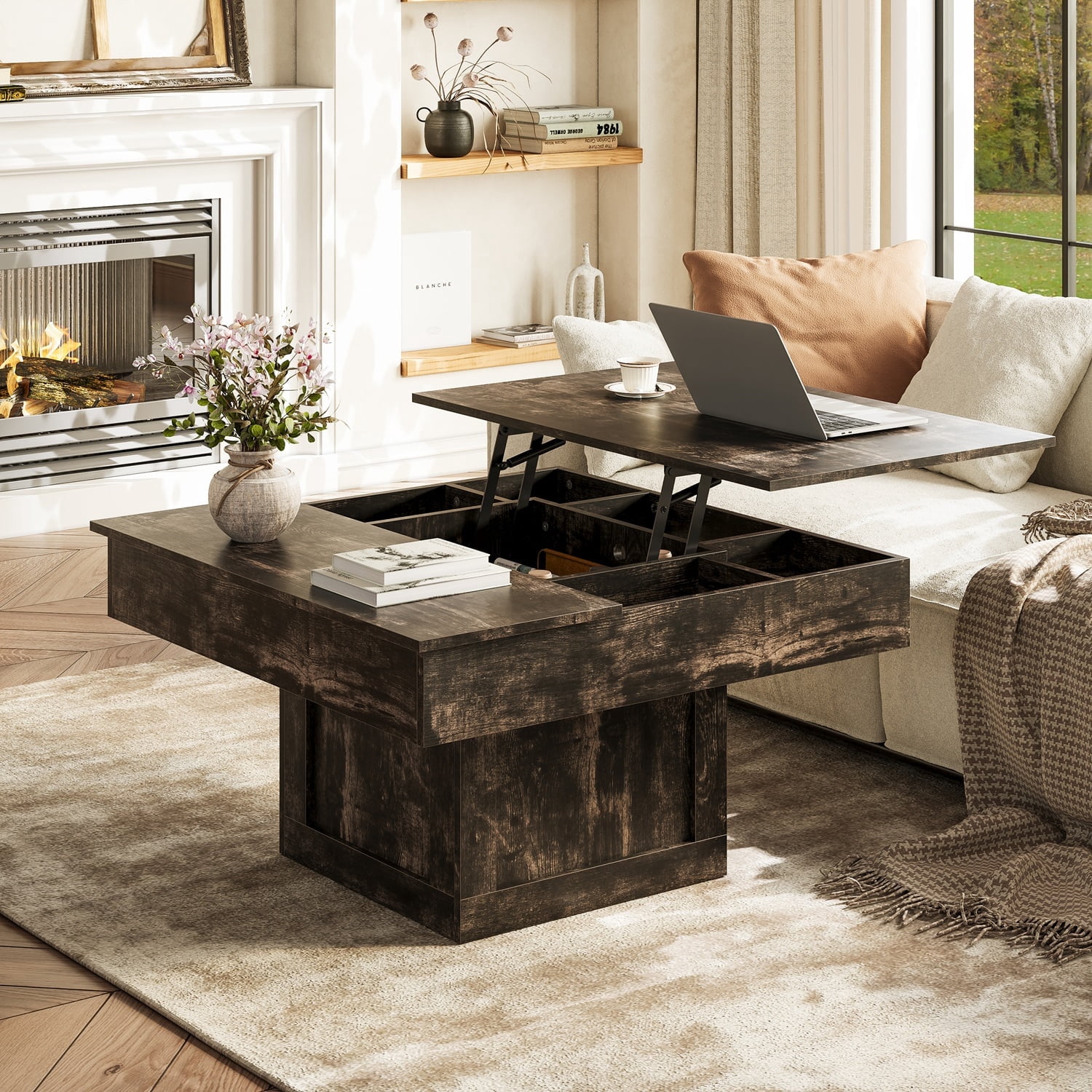 GUNAITO Lift Top Coffee Table with LED Lights, Modern Farmhouse Center Table with Storage, 31.5''Hx31.5''Wx19''D, Black