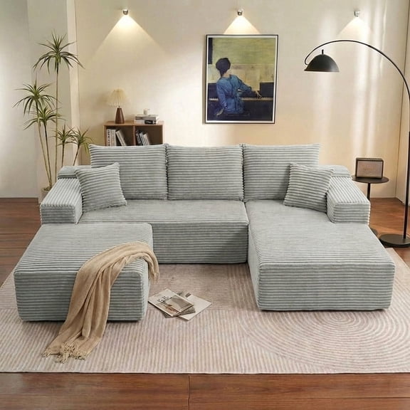 ODUWA 107" U-Shaped Modular Sectional Sofa with Ottoman,No Assembly Required,Deep Seat Corduroy Cloud Couch for Living Room & Bedroom,Gray