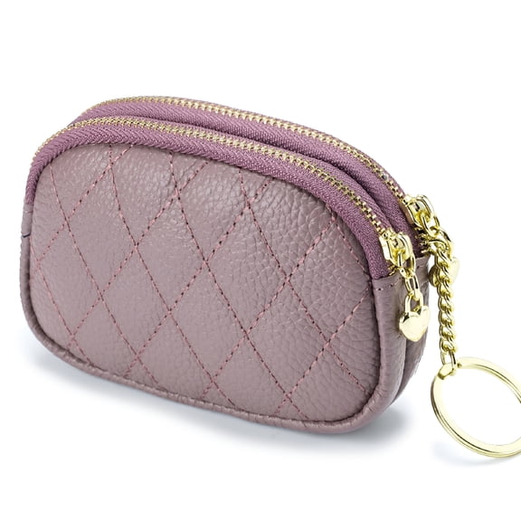 LAMIRO Women Leather Coin Purse, Small 2 Zippered Change Pouch Wallet - purple