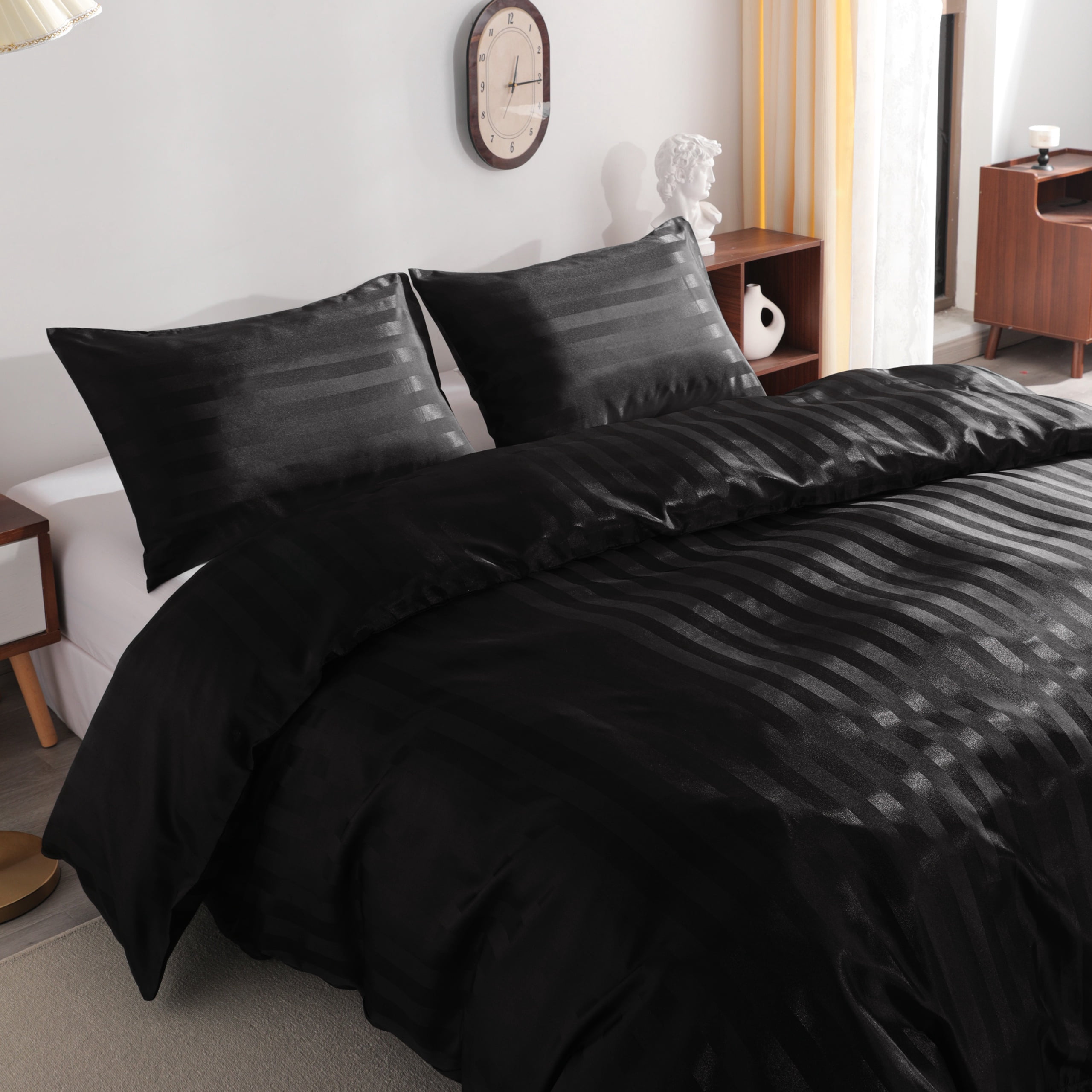 Ntbay 3-Pieces King Size Silky Satin Stripe Duvet Cover Set, Ultra Soft & Luxury Bedding Set with 1 Duvet Cover (No Comforter) & 2 Envelope Pillowcases (No Pillows), Black