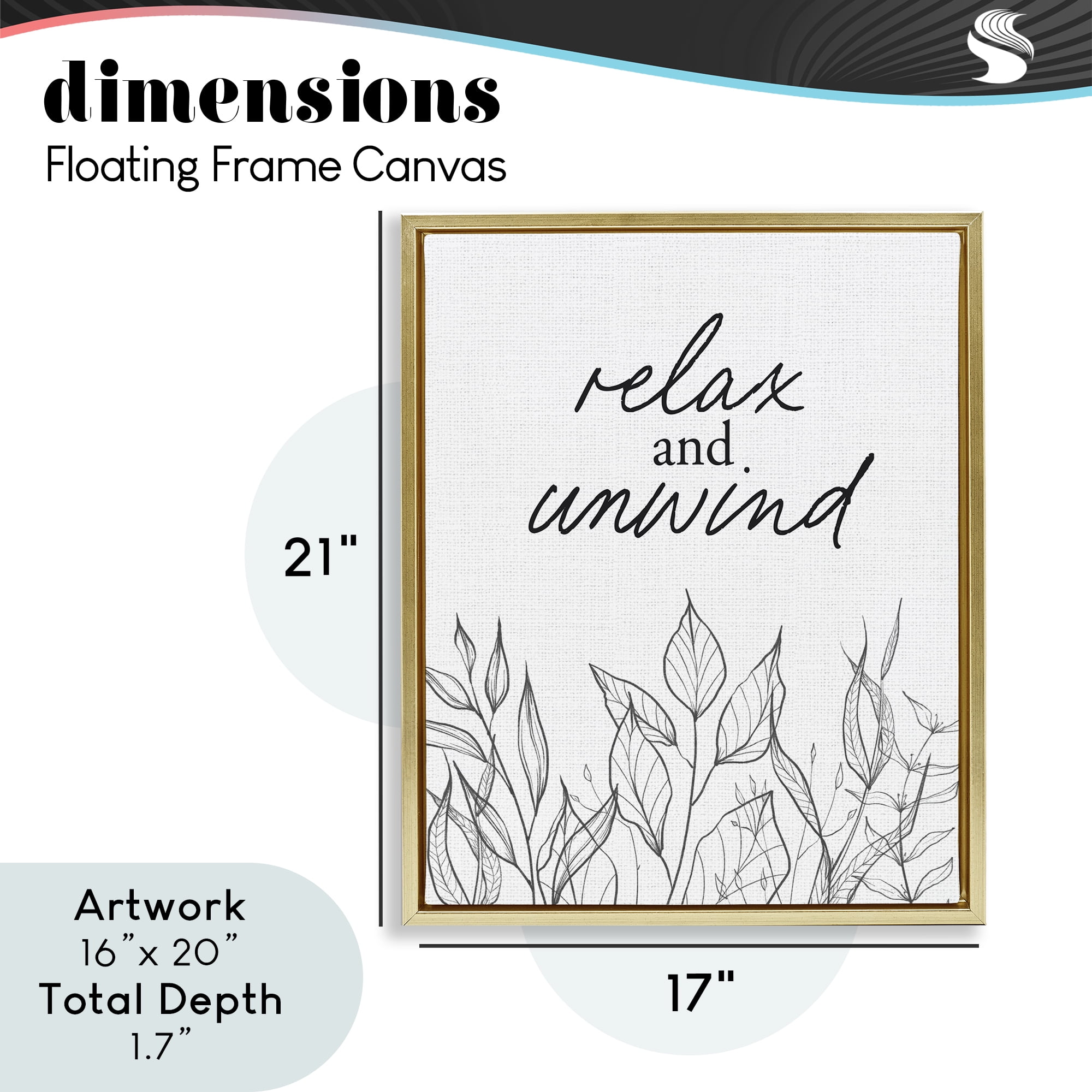 Relax Unwind Minimalist Leaves Gold Framed Floater Canvas Wall Art, design by Lettered and Lined