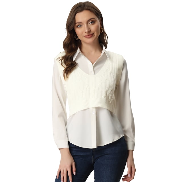 Chaleco de Suéter Chaleco Corto de Punto para Mujer Camisetas sin Mangas de Punto con Cuello en V Beige S
