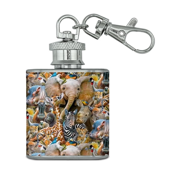 African Animals Zebra Giraffe Elephant Pattern Stainless Steel 1oz Mini Flask Key Chain