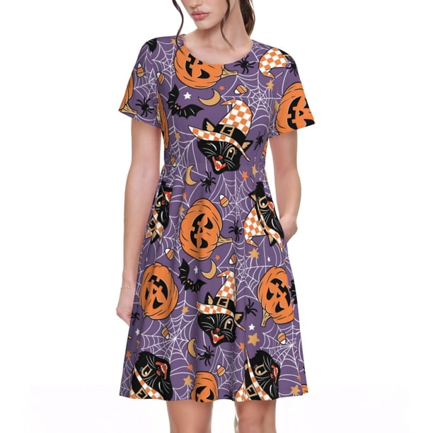 Balery Vintage Halloween Black Cat Vestidos sueltos de manga corta para mujer, vestidos de verano 2025, vestidos casuales de corte A con vuelo.