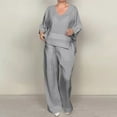thumbnail image 2 of Two Piece Active Sweatsuit Plus Size Cotton Linen Outfits Women 2 Piece 3/4 Sleeve Side Split Blouse Tops Wide Leg Pants Suit Casual Loose Fitting Solid Color Beach Vacation Sets Gray 4XL, 2 of 8