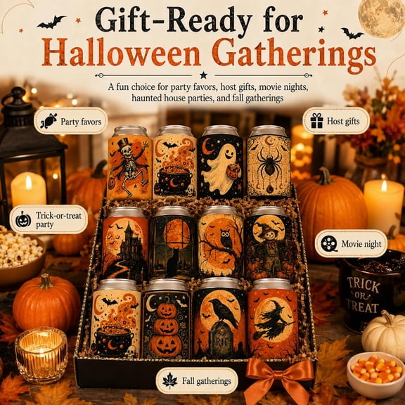 Vintage Halloween Can Cooler Sleeves Reusable Halloween Can Cooler Sleeves for Soda, Beverage, Party, Fall Decor Party Favor Set 12PC