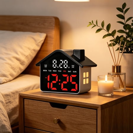 Digital House Shaped Alarm Clock, Modern Aesthetic with Cute Cube Frame and White LED Dimmer, With