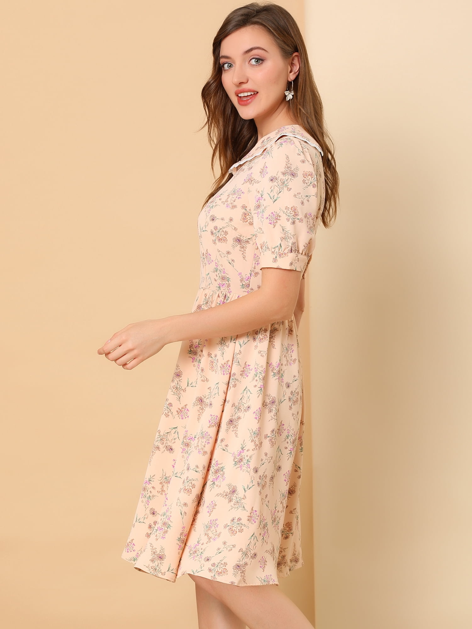 DARING DIVA Peter Pan Collar A-Line Flowy Midi Chiffon Floral Dress S Pink