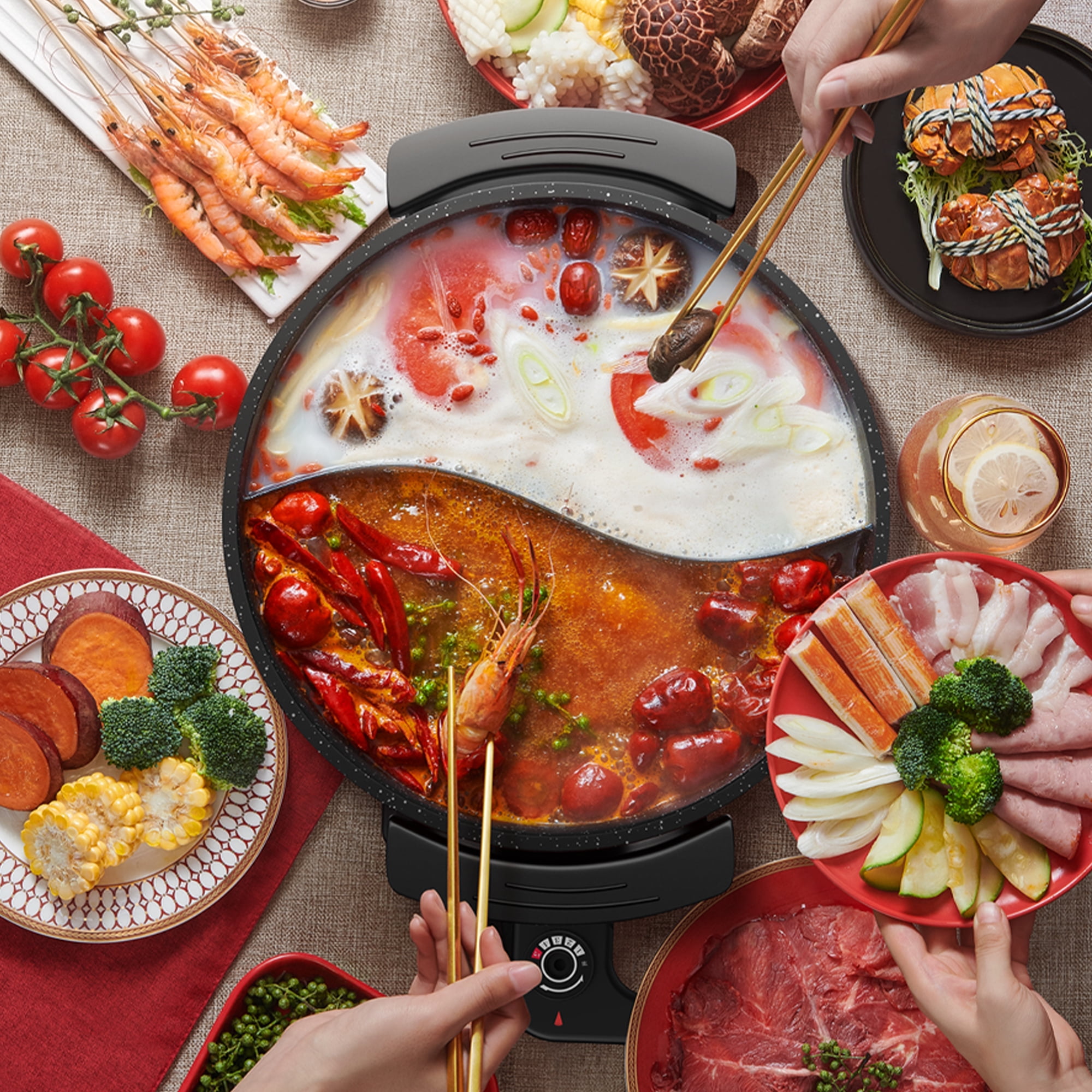 AORAN Electric Hot Pot, 6L Electric Skillet, Non-Stick Smokeless Cooking Pot with Divider Fondue, Shabu-Shabu with Tempered Glass lid for 2-6 People