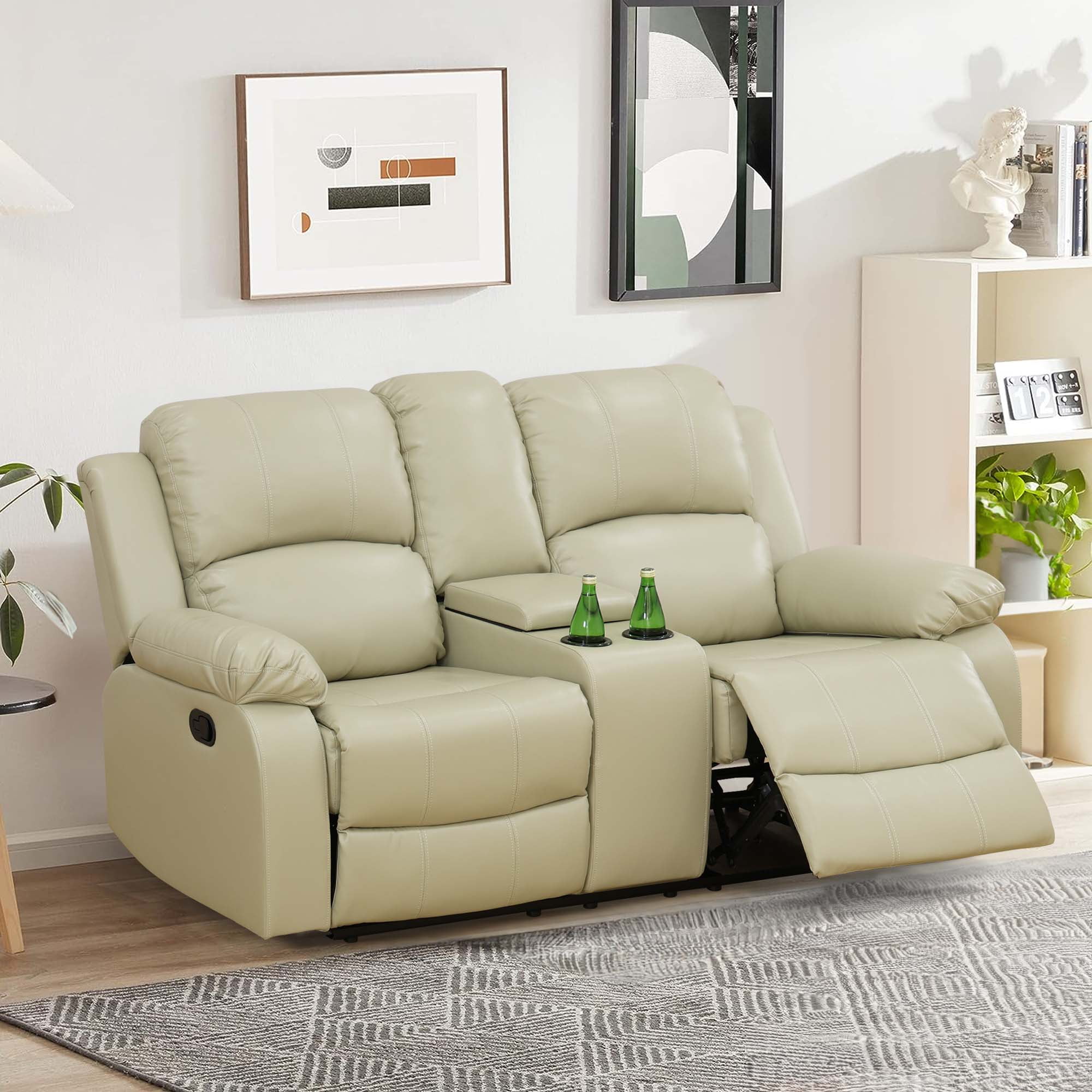 Aukfa Double Manual Recliner Chair, Overstuffed Loveseat w/ Cupholders,Leather, Beige