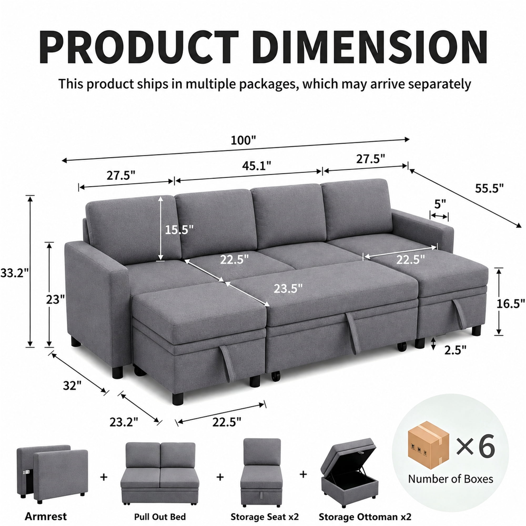 Aukfa 100" U-Shape Convertible Sectional Sleeper Sofa Bed for Living Room, 2 Storage Ottoman&Pillows, 6 Seat Modular Sofa, Linen, Gray