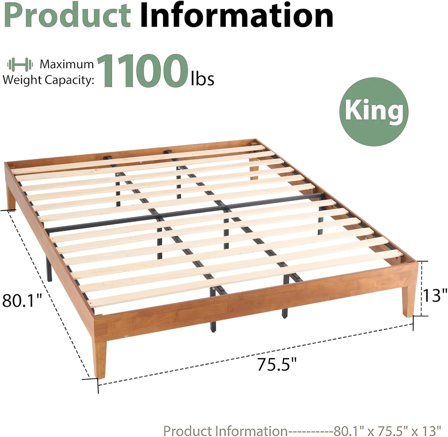 Solid Wood Bed Frame, King Size with Wood Slat Support, Sturdy Noise-Free Platform Design, No Box Spring Needed, Easy Assembly, Dark Brown