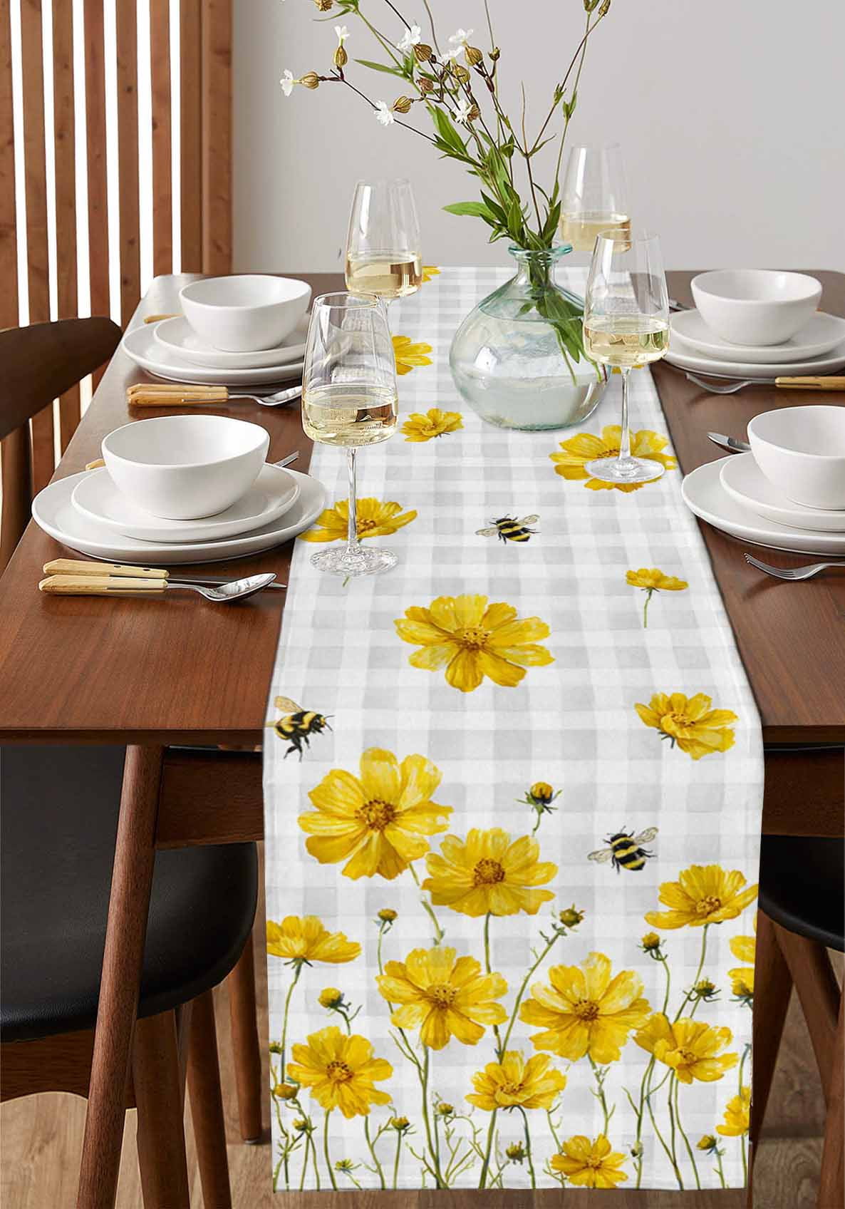 nqOlkjepod Yellow Flowers Table Runner 48 Inches Long Farmhouse Dress Scarves, Summer Bee Country Floral Gray Plaid Dining Tablerunner for Coffee Table/Kitchen Island/Party Décor, 13" x 48"