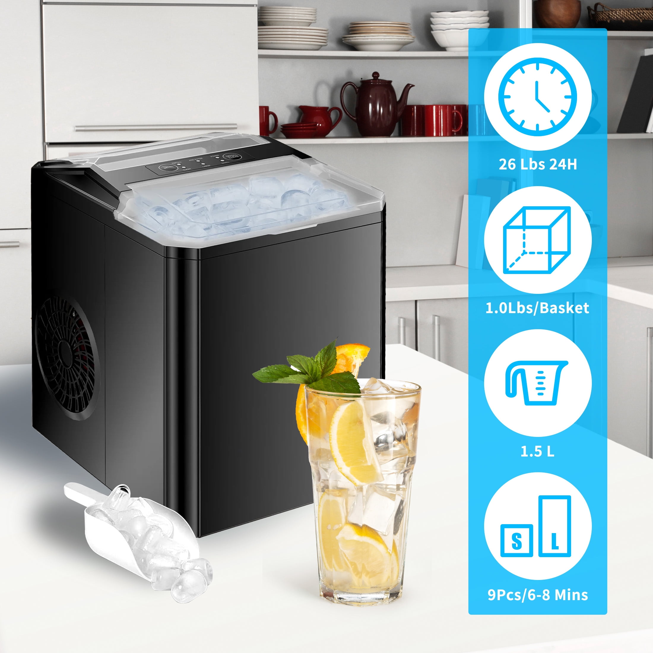 WANAI 26.5lb. Countertop Ice Maker,Portable Compact Ice Cube Maker,Black
